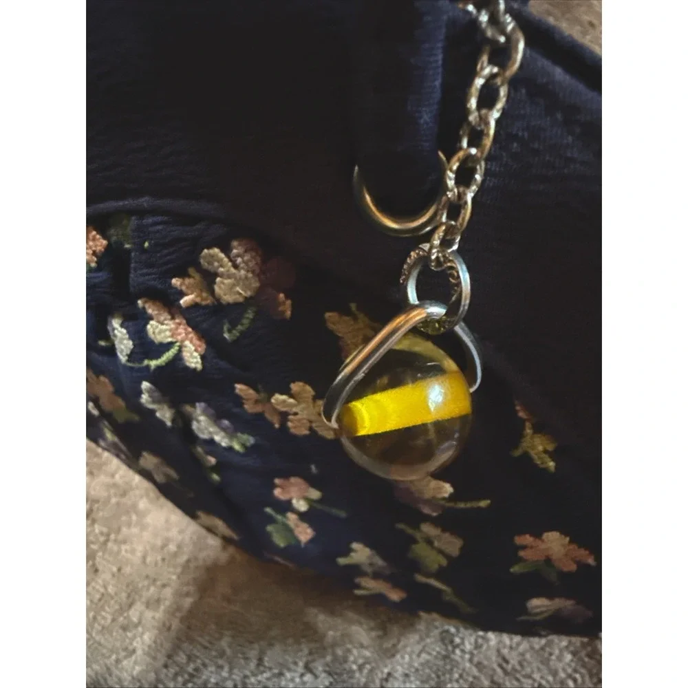 Small Blue Floral Embroidered Round Vintage Purse Clutch W/ Marble Charm Zipper